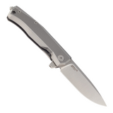 LionSteel Myto Framelock titanium pocket knife with a 3.25 inch satin finish Bohler M390 stainless steel blade and gray titanium handle