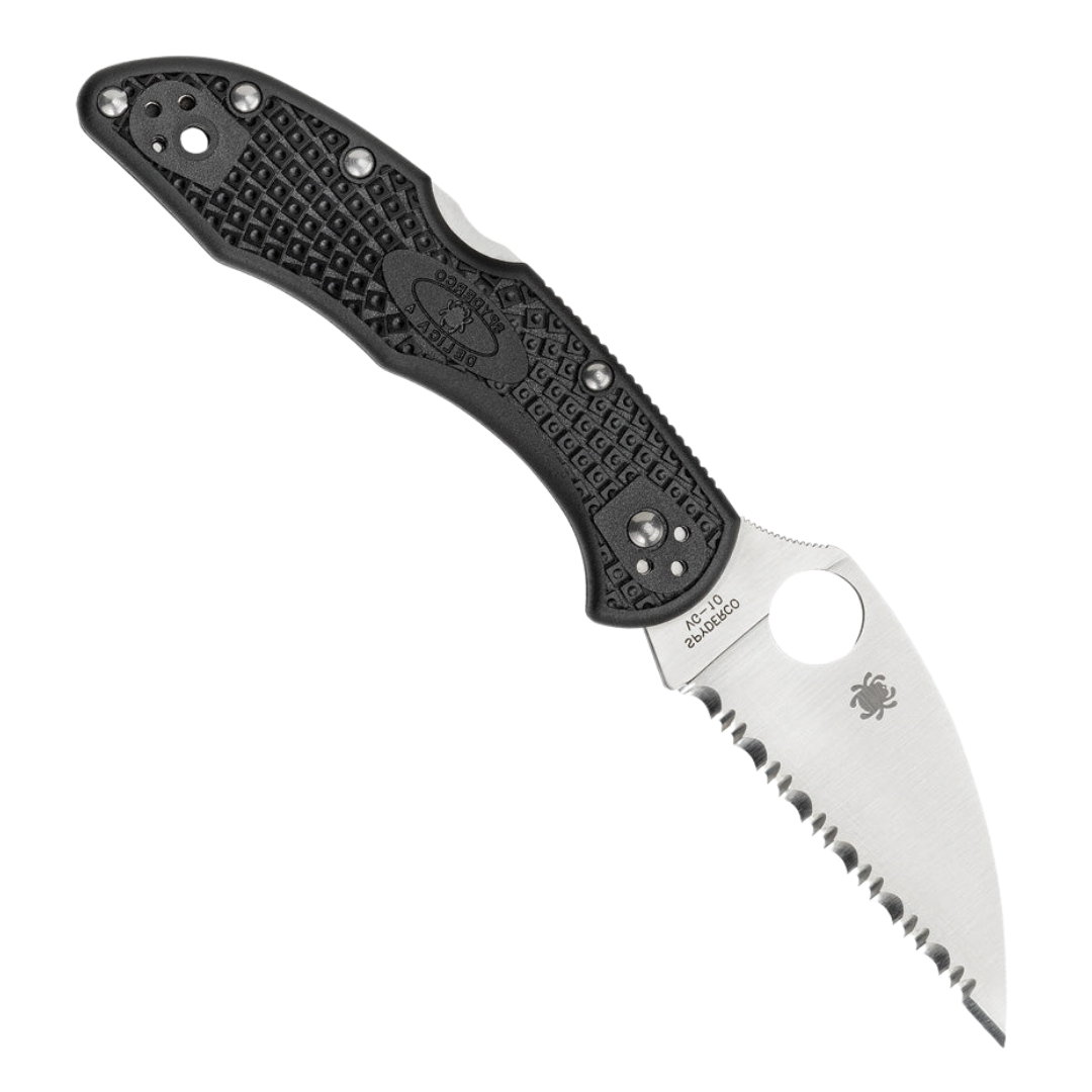 Serrated SPYDERCO DELICA WHARNCLIFFE pocket knife with a 3 inch VG-10 stainless steel Wharncliffe blade and black textured FRN handle