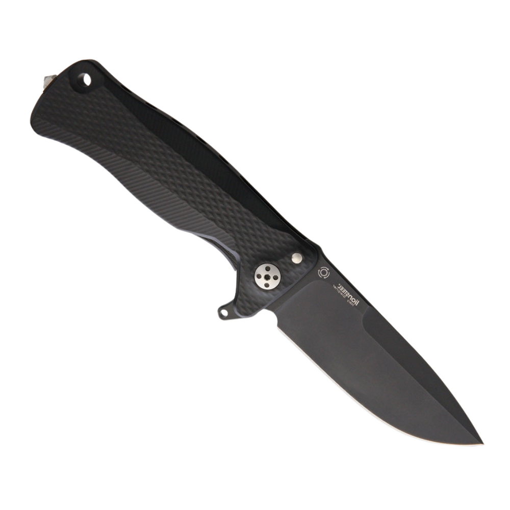 LionSteel SR11 Framelock Pocket Knife with a 3.5-inch black oxide coated Sleipner tool steel drop point blade and black textured aluminum handle.