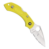 Yellow Spyderco Dragonfly 2 lightweight pocket knife with a serrated blade and wire clip
