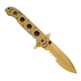 CRKT M21 Linerlock, a pocket knife with a 3.88-inch desert tan blade and tan G10 handle.