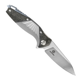 DEFCON JK MAKO FRAMELOCK Pocket Knife. 3.5-inch Stonewash and Satin Finish CPM-S35VN Stainless Steel Blade. Gray Titanium Handle with Carbon Fiber Inlay. Glass Breaker. Pocket Clip.