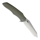 Patriot Bladewerx Ambassador Linerlock pocket knife with a 4 inch satin finish S35VN stainless steel tanto blade and OD green G10 handle