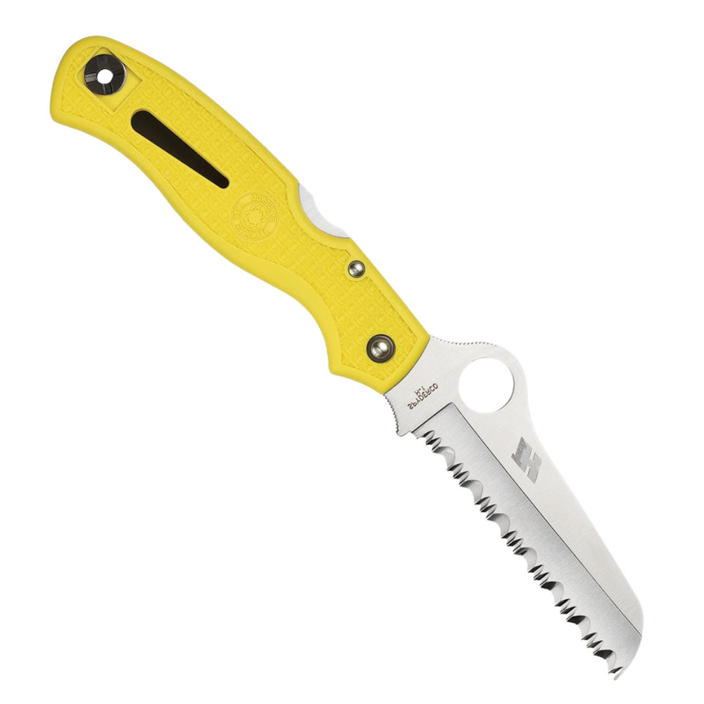 Yellow Spyderco Atlantic Salt Lockback pocket knife with a 3.5-inch serrated blade in H1 steel. This corrosion-resistant knife is ideal for marine environments.
