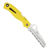 Yellow Spyderco Atlantic Salt Lockback pocket knife with a 3.5-inch serrated blade in H1 steel. This corrosion-resistant knife is ideal for marine environments.
