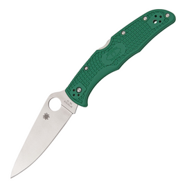 Green Spyderco Endura 4 Pocket Knife with a 3.75-inch VG-10 stainless steel blade, textured FRN handle, thumb opener, and a pocket clip for convenient carry.