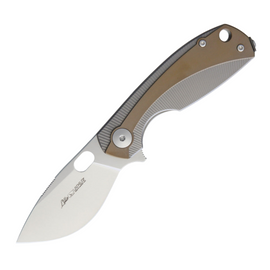 Viper Lille Framelock Pocket Knife. 2.5-inch Satin Finish Bohler M390 Stainless Steel Blade. Bronze Anodized Titanium Handle. Designed by Jesper Voxnaes.