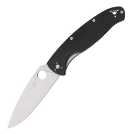 Large black handle SPYDERCO RESILIENCE pocket knife with plain blade