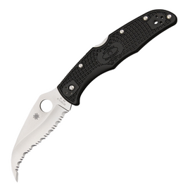 Black handle Spyderco Matriarch 2 lockback pocket knife with serrated blade