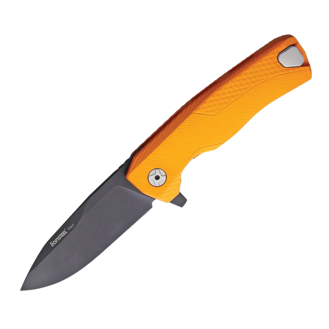LionSTEEL ROK Framelock Orange Pocket Knife. This pocket knife features a 3.25-inch black finish Bohler M390 stainless steel drop point blade and an orange aluminum handle. It also includes a pocket clip and a removable flipper tab for customizable use.