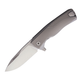 Gray titanium handle LIONSTEEL ROK Framelock pocket knife with M390 stainless steel blade and removable flipper tab