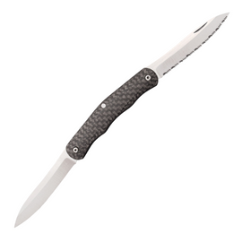 Cold Steel Lucky Pen Knife, a double-bladed Pocket Knife with satin finish CPM S35VN stainless steel blades (standard and serrated) and black carbon fiber handle. Includes pocket clip, slip joint mechanism, and velvet pouch.