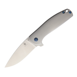 Kizer Cutlery Gemini Framelock, a Pocket Knife featuring a 3.13-inch Stonewash CPM-S35VN Stainless Steel Drop Point Blade and Gray 6Al-4V Titanium Handle.
