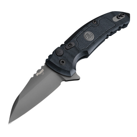 SIG X-1 MICROFLIP Button Lock Pocket Knife with a 2.75-inch gray Cerakote finish CPM-154 stainless steel Wharncliffe blade and black textured G10 handle.