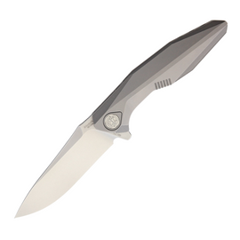 Rike Knife Framelock M390 Blade, a Compact Pocket Knife with a 3.25" Satin Finish Bohler M390 Stainless Steel Drop Point Blade and Gray Titanium Handle.