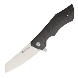 MASERIN AM-2 Linerlock Pocket Knife. Features a 3.75-inch satin finish N690 stainless steel blade and black carbon fiber handle.