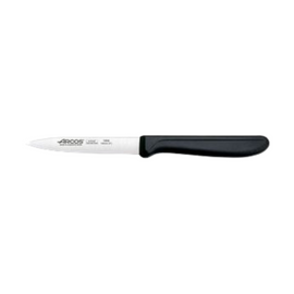 Arcos Genova Paring Knife with Black Handle (100mm). This small knife features a sharp blade for precise peeling, trimming, and garnishing tasks in the kitchen, with a comfortable black handle for easy control.