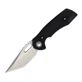Black textured G10 handle pocket knife with a stainless tanto blade in satin and stonewash finish.  Includes a pocket clip and black synthetic zippered storage case.