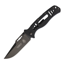TOPS Thunder Hawk Framelock Drop, a Pocket Knife with a 3.75-inch black coated blade and black textured G10 handle.