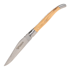  LAGUIOLE EN AUBRAC Folding Pocket Knife (11cm) with Juniper Wood Handle. This traditional French pocket knife features a high-quality steel blade and a juniper wood handle with a cross design, perfect for picnics, camping, or any outdoor adventure.