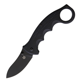 Black G10 handle Fox Kommer Alaska Linerlock pocket knife with a 3-inch black coated Becut steel blade.  This liner lock knife also features a finger ring, thumb stud, and pocket clip.