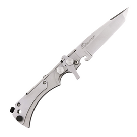 WildSteer WX Folding Knife, a 5 7/8 inch closed pocket knife with a 4 1/2 inch Bohler N690 steel tanto blade. It features the WX-Lock double locking system, stainless steel handles with a strike pommel, lanyard hole, rotating cover for a double screwdriver blade, hex bit socket wrench, pocket clip, and lanyard.