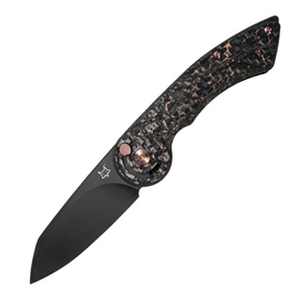 FOX RADIUS Finger Safe Lock Pocket Knife. Features a 3-inch black finish Bohler M390 stainless steel blade and Copper Shred carbon fiber handle.