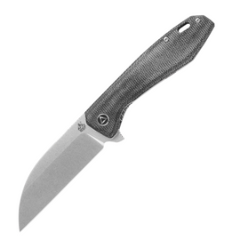 QSP Knife Pelican Linerlock SW Pocket Knife. 4.75-inch Stonewash Finish CPM-S35VN Stainless Steel Blade. Black Linen Micarta Handle. Extended Tang. Lanyard Hole. Pocket Clip. Black Nylon Zippered Storage Case.