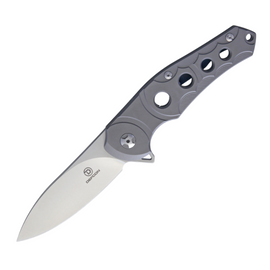 Gray titanium handle DEFCON framelock pocket knife with satin finish blade