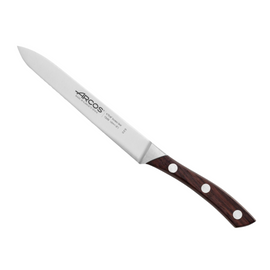 Arcos Natura Tomato Knife (Serrated) 130mm. This serrated knife features a warm rosewood handle and a single-forged NITRUM stainless steel blade for effortless slicing of tomatoes without crushing