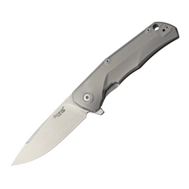 LionSteel TRE Titanium Framelock Pocket Knife with a 2.88-inch stonewash finish Bohler M390 stainless steel blade and gray 6Al-4V titanium handle.