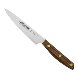 Arcos Nordika Chef's Knife 140mm. This ergonomic chef's knife features a NITRUM stainless steel blade for exceptional hardness and a silk edge for smooth, precise cuts. The 100% natural Ovengkol wood handle, sourced from sustainable forests, provides a comfortable grip.