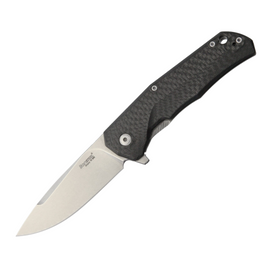 LionSteel TRE Titanium Framelock Pocket Knife with a 2.88-inch stonewash finish Bohler M390 stainless steel blade and black carbon fiber handle.