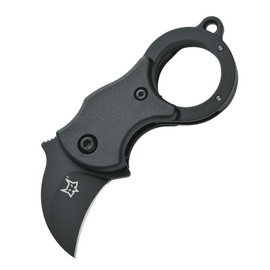 FOX Mini-Ka Linerlock Black Pocket Knife. 1-inch Black Cerakote Finish 420 Stainless Steel Hawkbill Blade. Black FRN Handle.
