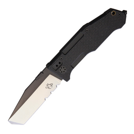 Black G-10 handle MANTIS FOLDING PRY II pocket knife with partially serrated blade