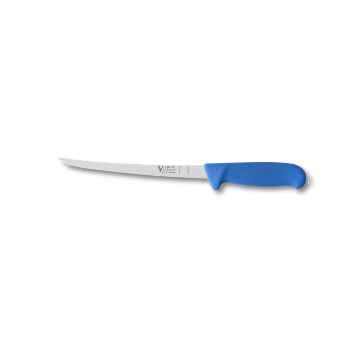 Victory 20cm narrow flexible filleting knife stainless steel blue Progrip handle fish skinning knife