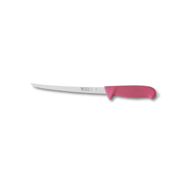 Victory 20cm narrow flexible filleting knife stainless steel pink Progrip handle fish skinning knife
