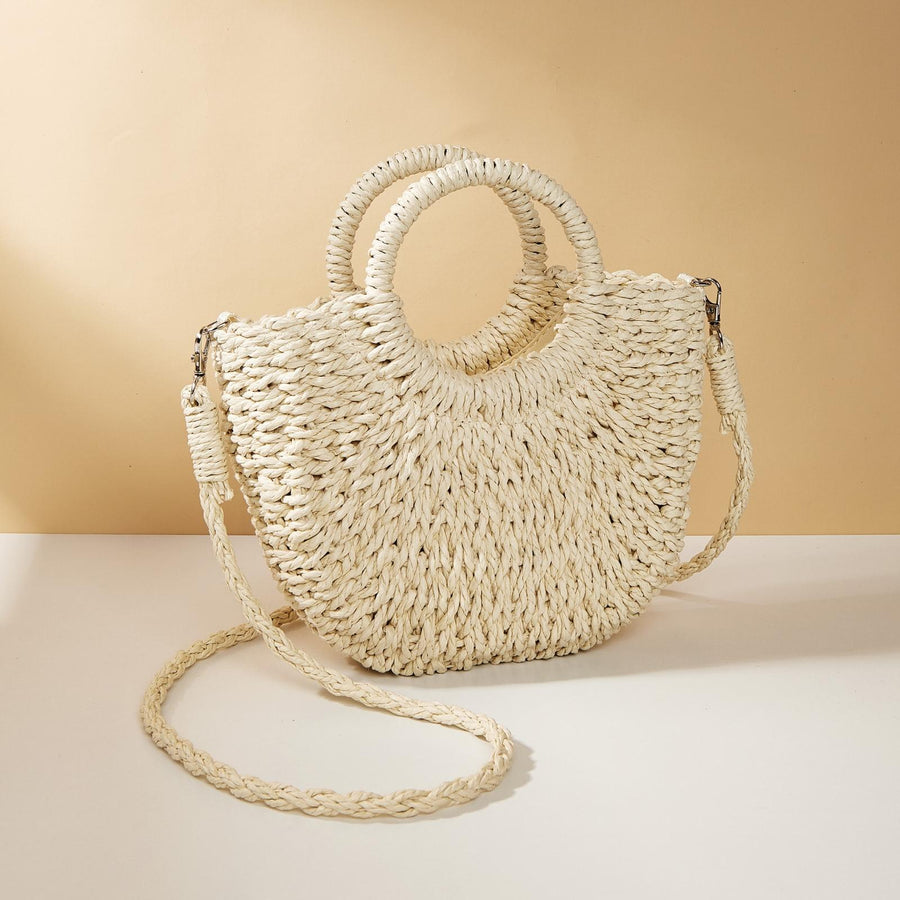 Beige Half Moon Straw Tote Woven Beach Bag - Beige