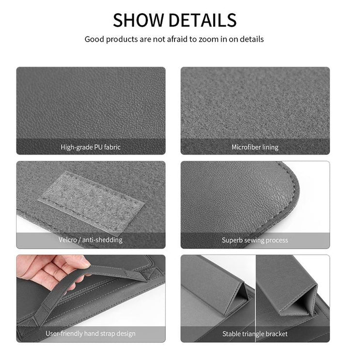 Universal 4-In-1 Laptop Bag Set Waterproof Pu Leather Handle Stand Pen Holder Winders Mouse & Charger Bags - 13 / 14 Inch - Black