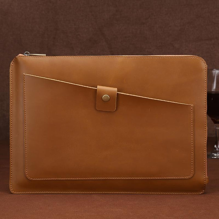 Premium Leather Business Laptop Bag With Zipper - Universal Fit - Coffee