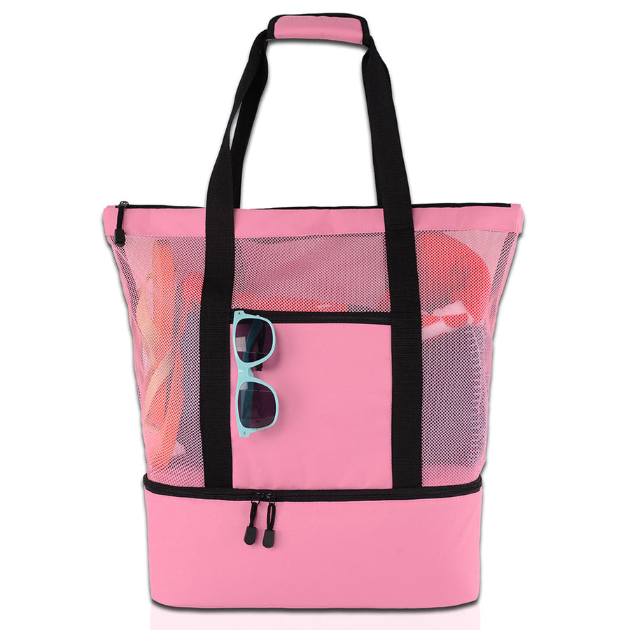 Vibe Geeks 2 in 1 Mesh Beach Tote Bag with Insulated Cooler - Pink