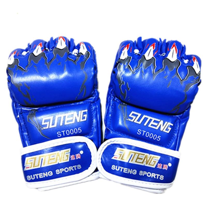 Adults Half-Finger Pu Leather Boxing Gloves - Blue Training