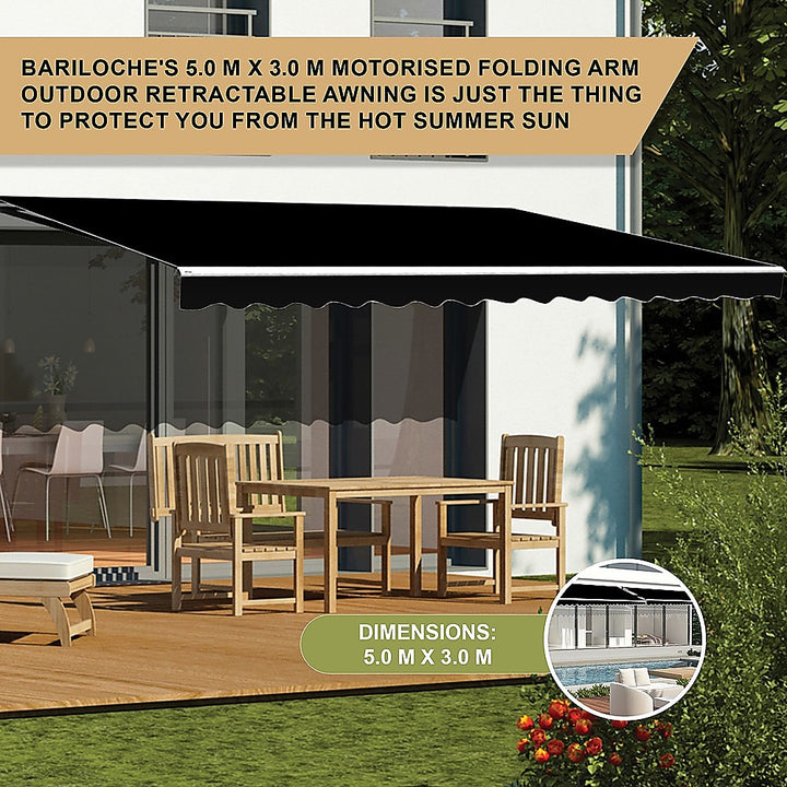 Motorised Retractable Folding Arm Awning 5x3m Black Outdoor Shade | King of Knives e-store