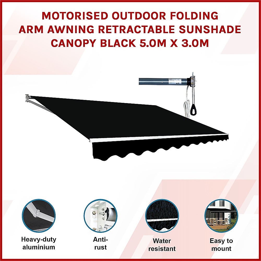 Motorised Retractable Folding Arm Awning 5x3m Black Outdoor Shade | King of Knives e-store