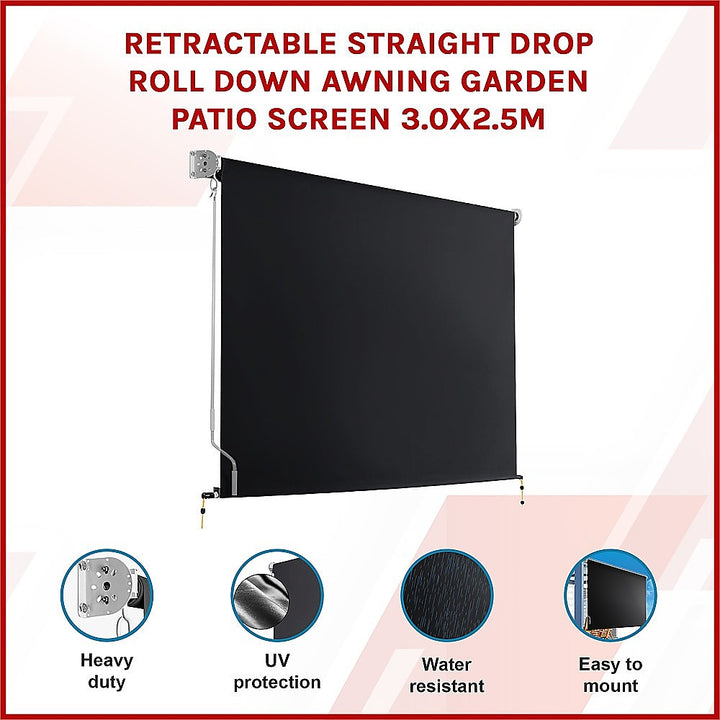 Retractable Straight Drop Roll Down Awning Garden Patio Screen 3.0X2.5M