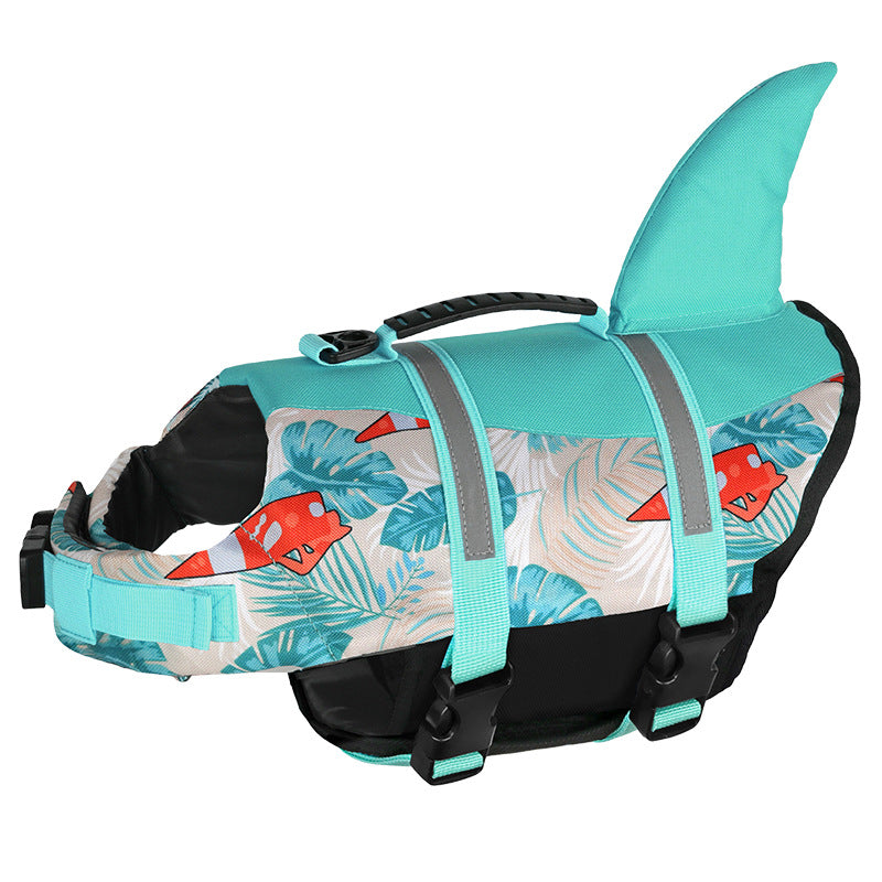 Size M Blue Sailboat Pattern Pet Life Jacket for Dogs - Summer Swimming Safety Vest with Shark Fin for Small to Large Breeds