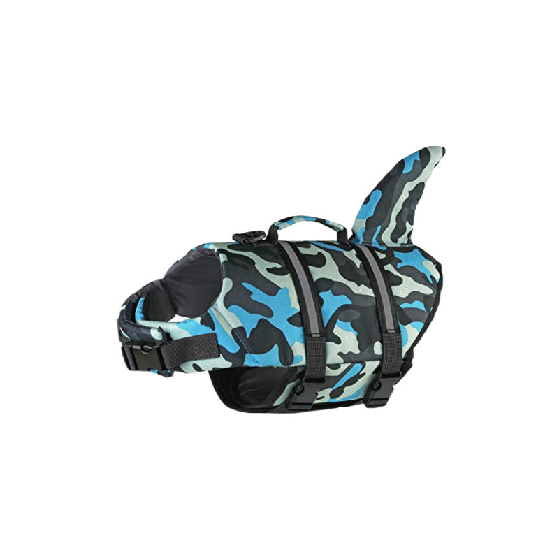 Size M Blue Camouflage Pattern Pet Life Jacket for Dogs - Summer Swimming Safety Vest with Shark Fin for Small to Large Breeds