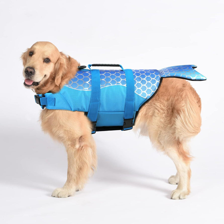 Size XS Blue Scales Pattern Pet Life Jacket for Dogs - Summer Swimming Safety Vest with Shark Fin for Small to Large Breeds