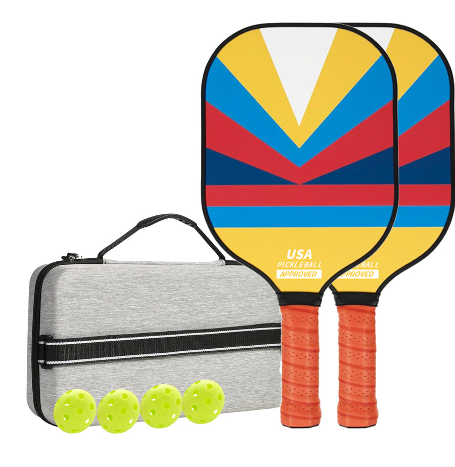 Style 2 Colorful  Geometric Patterns Fiberglass Pickleball Paddle Set - 2 Paddles, 4 Balls, and Portable Carry Bag for Outdoor Play