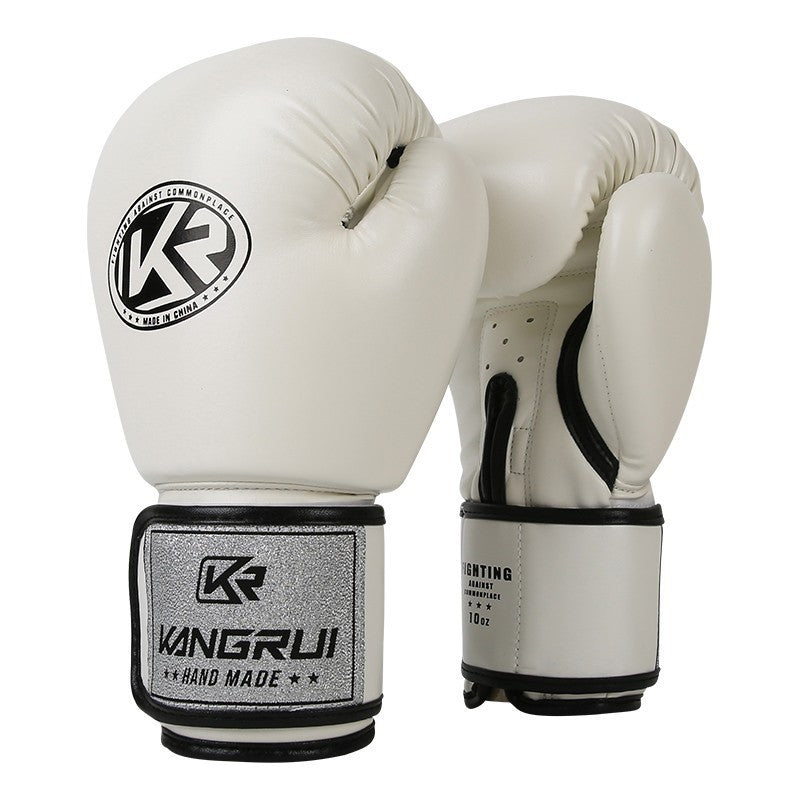 White And Silver Durable 10oz PU Leather Boxing Gloves - Padded & Ventilated for Training